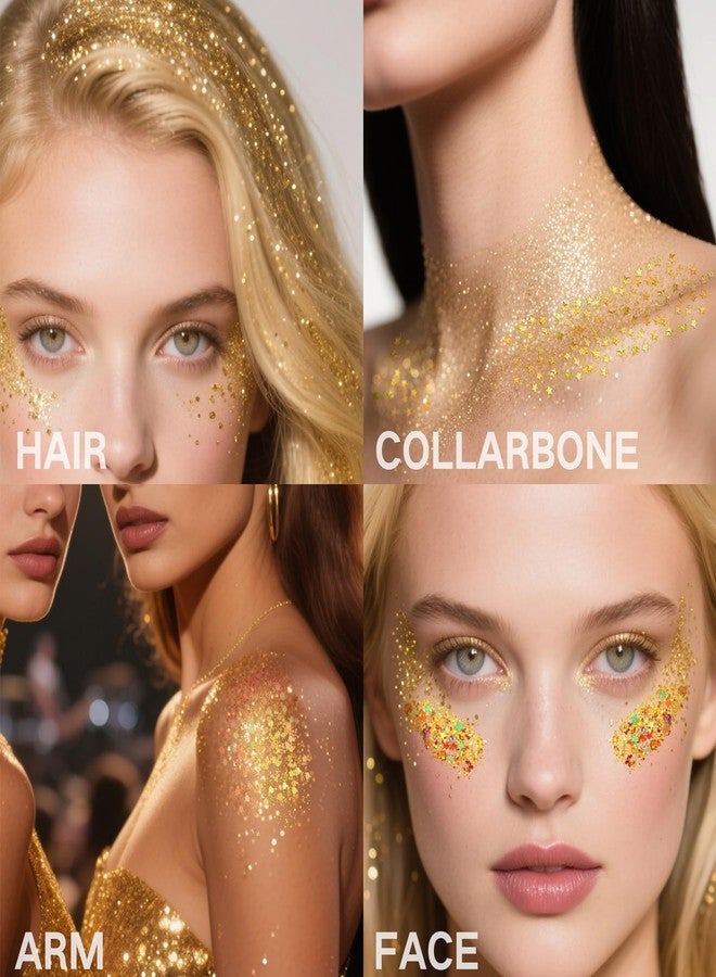 بامينفي مجموعة بامينيفاي من 4 عبوات من جليتر الوجه الذهبي، زي ماردي غرا للنساء، جليتر ذهبي لامع للجسم والشعر، إكسسوارات مكياج كرنفال ماردي غرا، زي حفلة موسيقية، مكياج مهرجان موسيقى الريف، 40 غرام/1.41 أونصة - Image 4